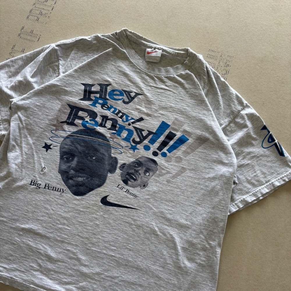 Vintage 90s Nike‎ Penny Hardaway Lil Penny T-shirt Grey L Made in USA Distressed